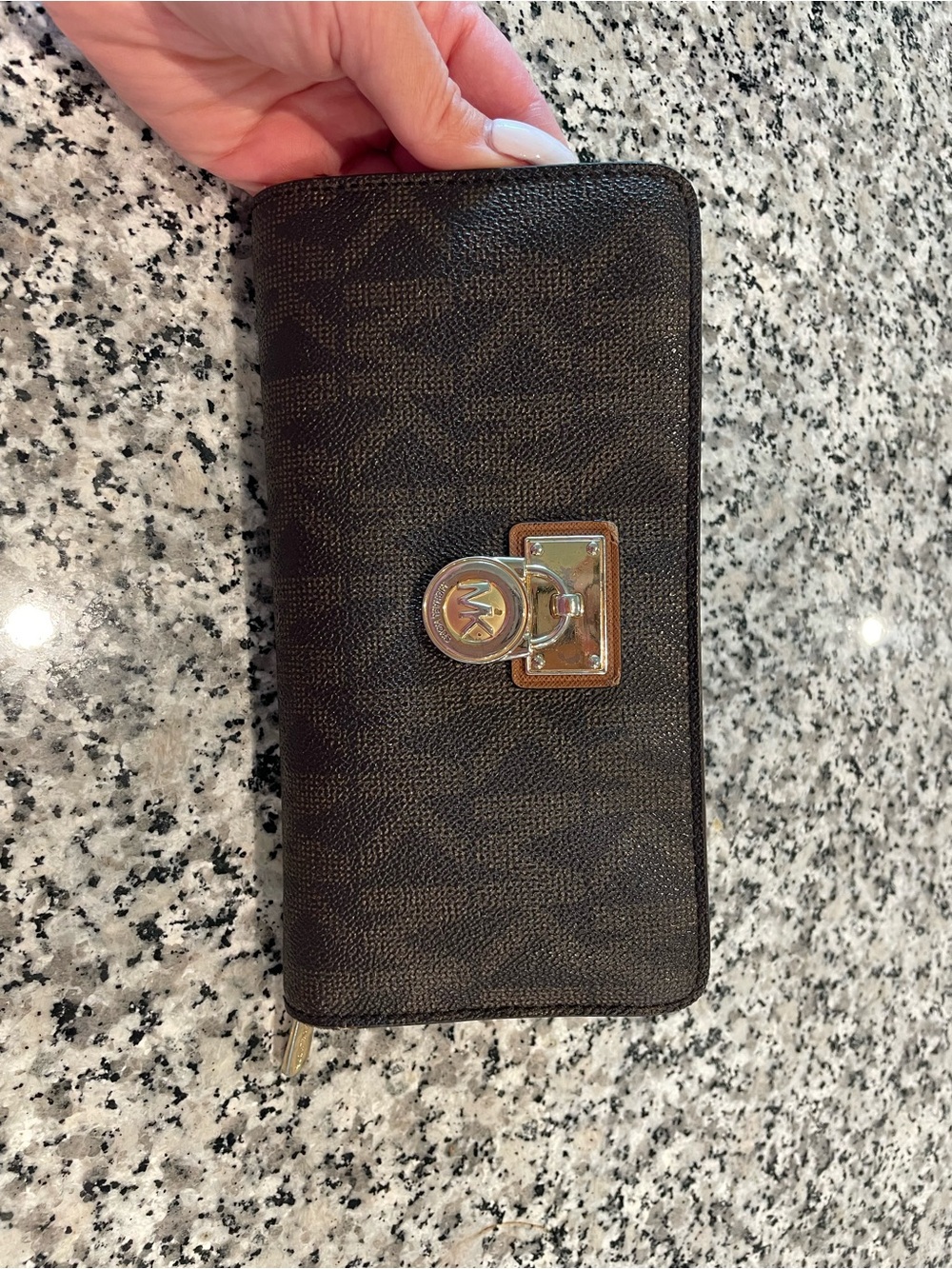 Michael Kors Dark Brown Monogram Zip Wallet with Gold Accent